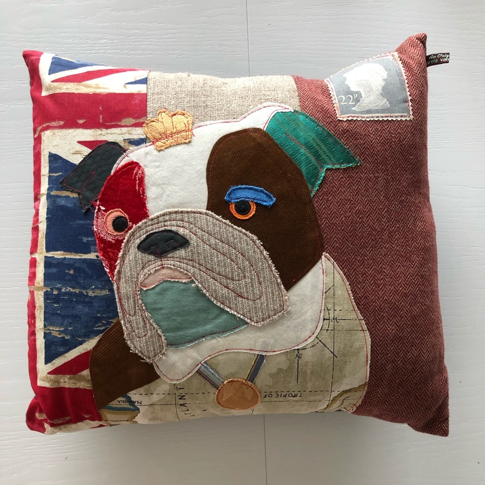 Anthropologie Patchwork Bulldog Pillow, 18x18 in
